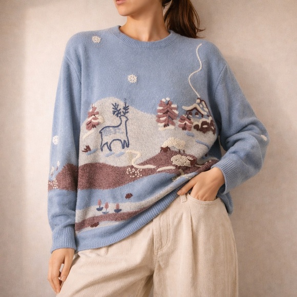 Vintage Sweaters - Vintage Winter Scenery Sweater Blue Purple Novelty Winter Cottagecore Sz Small
